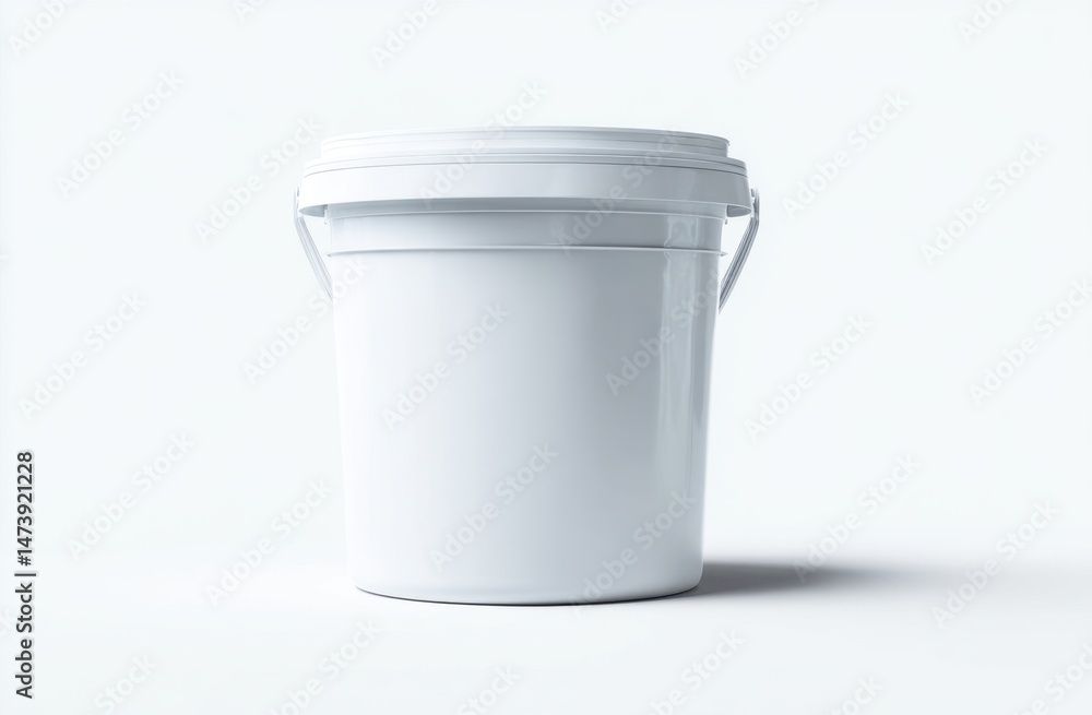 A Clean White Plastic Bucket with a Lid and Handles, a 3D Rendered Illustration Ideal for Mockups and Product Presentations, Showing Versatility in Packaging and Storage Solutions. A Clean White Plastic Bucket with a Lid and Handles, a 3D Rendered Illustration Ideal for Mockups and Product Presentations, Showing Versatility in Packaging and Storage Solutions.
