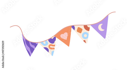 Festive paper garland with kids patterns. Triangle flags hanging on string on nursery room wall. Baby home decor, cute interior decoration. Flat isolated vector illustration on white background