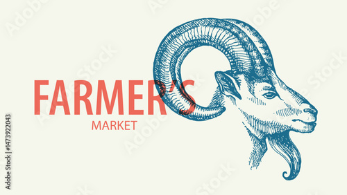 Hand drawn farm vector illustration of sketch goat portrait. Vintage retro banner. Menu design