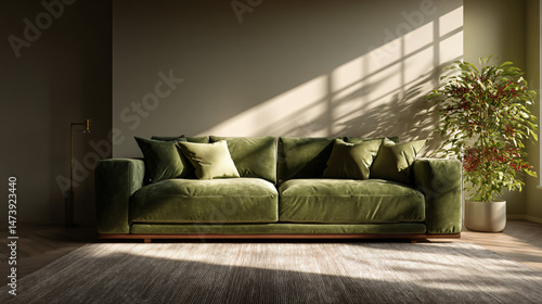 A stylish green couch with pillow in a modern keep way complemented by a minimalist lamp and decorative plant.