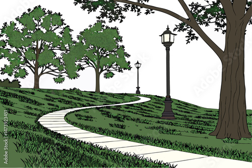 112 highly detailed 3d rendered landscape with curving path, lush green grass, mature trees, and ornamental lighting, realistic, photorealistic, hyper detailed, unreal engine, octane, 8k