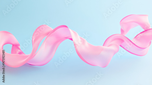 Floating pink ribbons create a soft, modern design on a light blue background