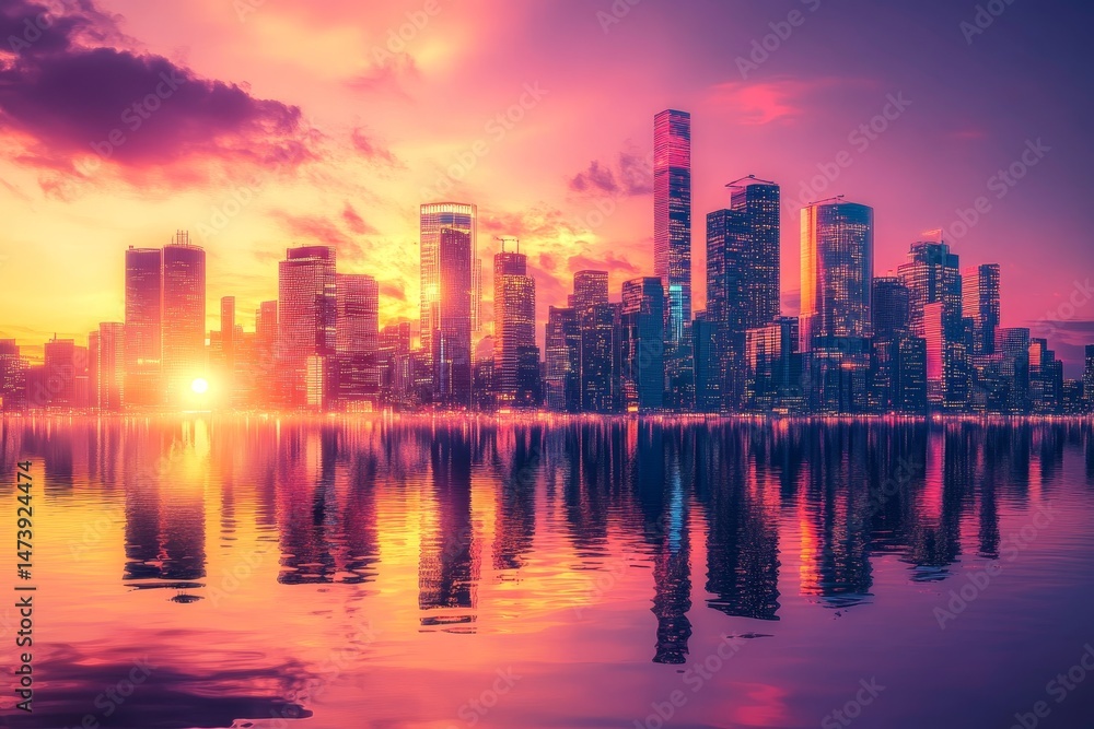Fototapeta premium Vibrant cityscape reflected in a tranquil water's edge at sunset.