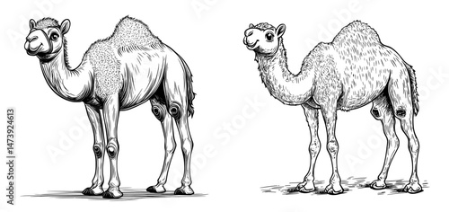 A cute camel cartoon is depicted in isolation on a white background
