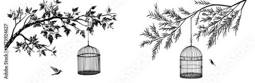 Depiction of a tree's silhouette accompanied by a bird confined to a cage