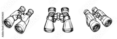 The icon of binoculars is depicted in a contemporary linear style as an outline pictogram on a white background, serving as a symbol for spying, and is accompanied by an editable stroke for