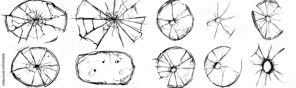 Modern break surface set featuring cracked glass, smashed ice effect, and realistic texture of broken mirror with bullet holes in transparent glass