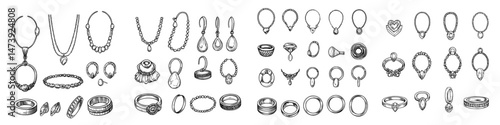 A collection of linear style icons for jewellery accessories is available, featuring symbols such as Diamond Earrings and Pearl necklace in a modern graphics set