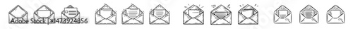 Colorful versions of an open envelope mail icon are available, including line, glyph, and filled outline styles, representing a letter message document in both outline and filled modern signs