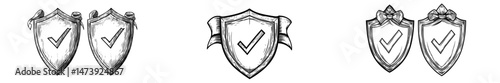 A protected icon of a security shield exists in various forms, including line and glyph versions, outline and filled modern signs, and linear and full pictogram shields with check marks