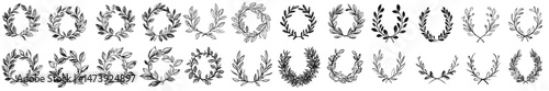 A modern illustration features a black laurel wreath, incorporating Greek olive branches and champion award emblems with leaves, symbolizing round prizes