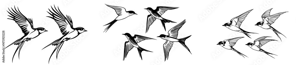 Obraz premium A modern set of silhouetted flying birds on a white background, symbolizing a flock of swallows, is ideal for tattoos of spring birds or swift birds flying in a crowded sky