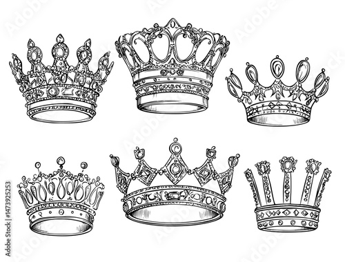 The 3D medieval emperor luxury collection features realistic crowns, including modern illustrations of isolated golden monarch crowns with luxurious jewel and gemstone sets