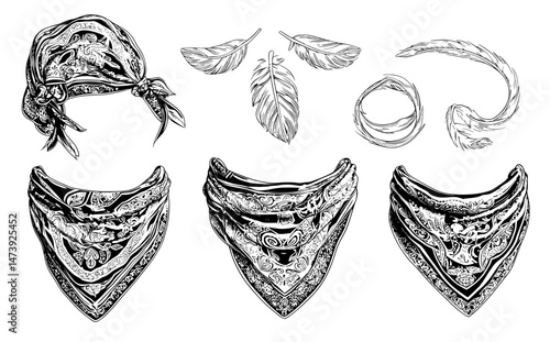 The kerchief can be worn in various trendy ways on the head, neck, or face, and is available as a red bandana and buff, a realistic headband and scarf, an isolated unisex accessory featuring smooth