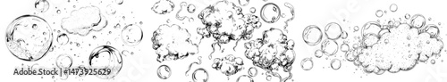 A modern set featuring shampoo foam, soapy bath and shower water with soap bubbles, 3D laundry gel, and mousse texture, all in white and isolated on a transparent background with various abstract
