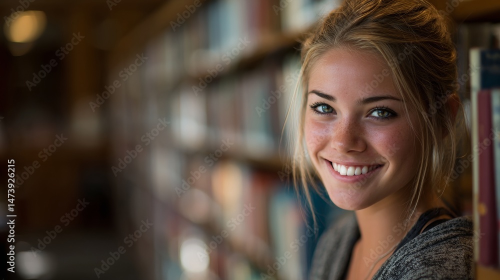 A joyful student in a library, smiling warmly, surrounded by books. The happiness of learning in a quiet space. A joyful student in a library, smiling warmly, surrounded by books. The happiness of learning in a quiet space.