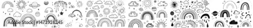 Boho clouds and doodle rainbows are featured alongside cute happy baby spring moon, sun, and stars in kids trend nursery decor