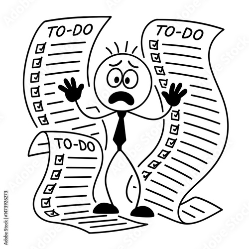 Stressed businessman buried under long to-do list