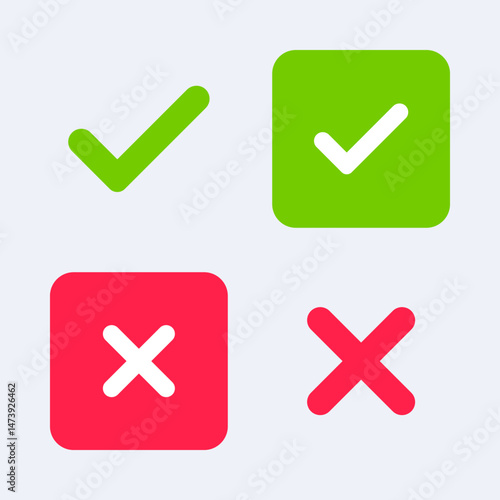 Green checkmark and a red x.