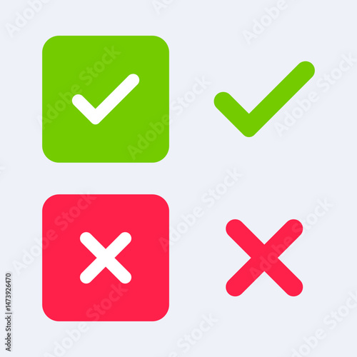 Green checkmark and a red x.