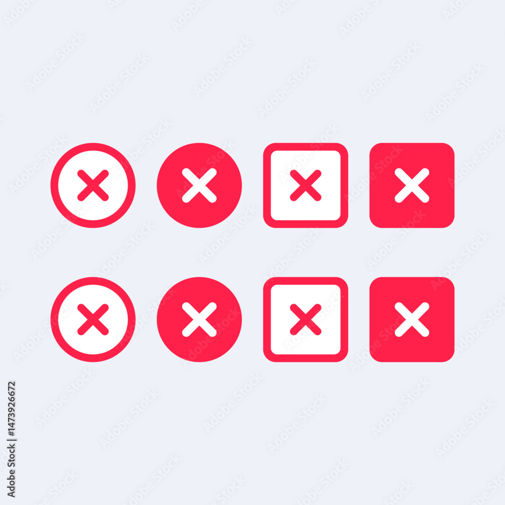 Six red buttons with a white x on a light gray background. Six red buttons with a white x on a light gray background.