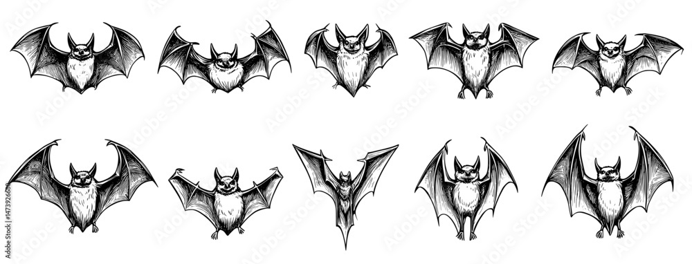 Fototapeta premium Halloween bat silhouettes are presented as isolated modern winged vampire animals, with black shapes set against a white background, creating a creepy and spooky group of fauna creatures depicted