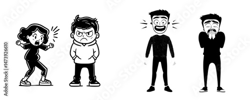Frightened nervous men and scared people express negative emotions, revealing phobias or fears that cause panicked males, worried guys, and shocked boys to scream in horror as isolated terrified