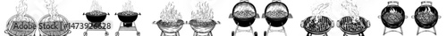Modern 3D illustration of a realistic barbecue brazier with coal and fire, featuring a grill top view, BBQ stove, and metal grid for outdoor meal cooking and meat grilling