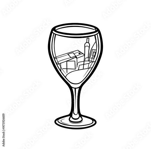 Route to alcohol shop, restaurant, or modern wine store is indicated by isolated outline icon featuring wine glass and pin location logo as a map pointer