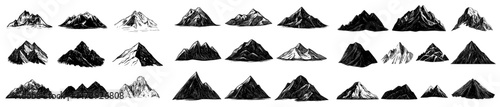 The landscape features mountain, hill and rock black silhouettes, with modern rocky valley shapes, mount peaks or canyon ranges, and alpine valley hills