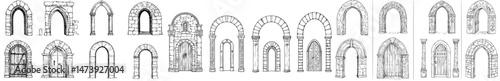 In architectural drawing, modern icons depict arch door frames, entrance doorways, and gateways, alongside ancient classic and modern arch doors with arcs