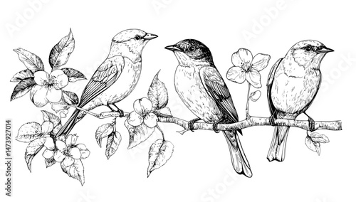 The scene features vintage flowers and birds, with floral blossoms in a butterfly garden surrounded by a Victorian black old tree, spring apple, cherry, or pear, alongside an engraving of a forest