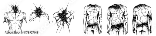 A modern set of jagged, edgy fissures, isolated black earth gaps, and split damage cracks define the ground that has been affected by earthquakes, resulting in a surface that resembles shattered or