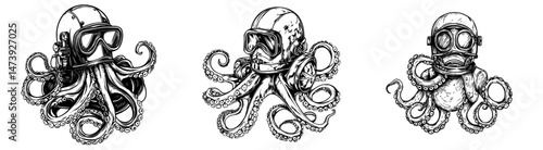 The image features an octopus, drawn in a modern style, with tentacles and a diver's helmet, evoking the mythological sea monster known as the kraken