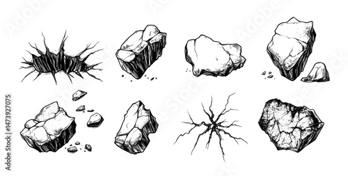 The image features ground cracks and holes in earth with texture of concrete destruction and fracture break gaps in soil, paired with earthquake breaks and soil split or land crash effect, all on a