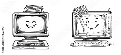 The image features a retro PC computer with a comic book-inspired design from the 70s, sporting a funny and groovy face, accompanied by a keyboard and a screen displaying a cheerful smiling face,