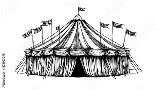 A cartoon modern illustration of a circus tent, vintage funfair carnival marquee for amusement park show with circus top tent marquee and entrance