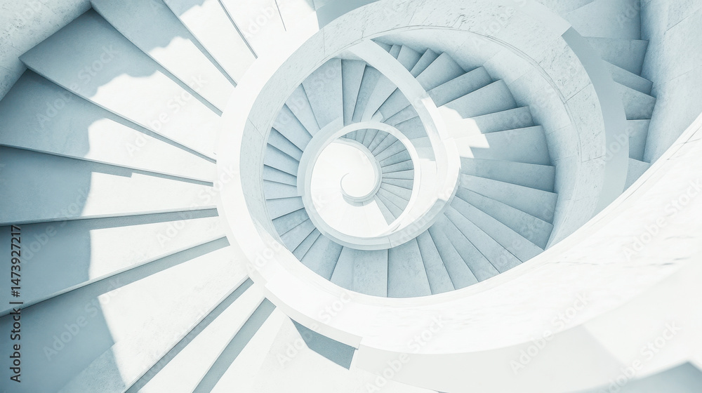 Fototapeta premium Monochromatic white spiral staircase viewed from above highlighting symmetry and shadows
