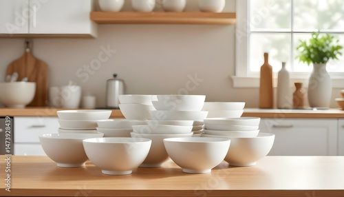 Wallpaper Mural A neat arrangement of clean, white bowls showcased on a wooden table in a modern kitchen. Torontodigital.ca