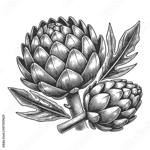 artichoke with intricate layers of leaves, drawn in an engraved, woodcut style sketch engraving generative ai vector illustration. Scratch board imitation. Black and white image.