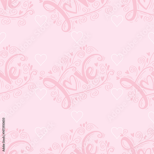 Seamless pattern with hand drawn hearts and text Love. Vector illustration.