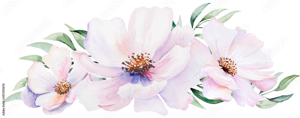 Watercolor bouquet with pink peony flowers and leaves, pastel romantic wedding isolated illustration