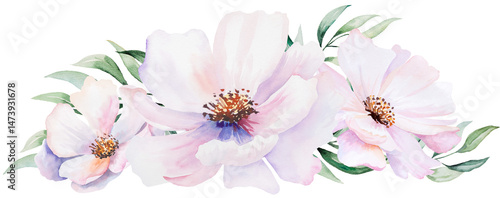 Obraz na płótnie Watercolor bouquet with pink peony flowers and leaves, pastel romantic wedding isolated illustration w salonie