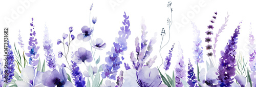 Seamless border made of watercolor lavender flowers. Purple wildflowers wedding illustration