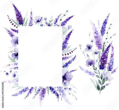Obraz na płótnie Frame and bouquet made of watercolor lavender flowers. Wildflowers wedding isolated illustration w salonie