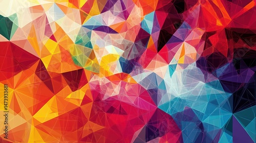 A colorful abstract composition featuring many interconnected geometric shapes