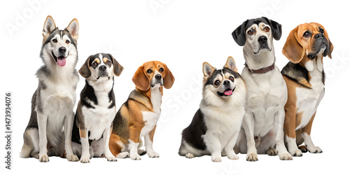 Group of mixed breed dogs including beagles, huskies, and other medium-sized pets sitting together on white background, AI Generative