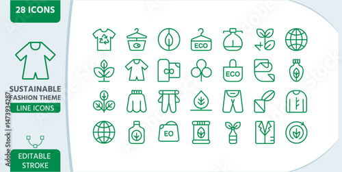 Vector line icon, outline style, minimal, black and white, Sustainable Fashion Line Editable Icon Set – Vector Icons with Editable Stroke, sustainable fashion theme