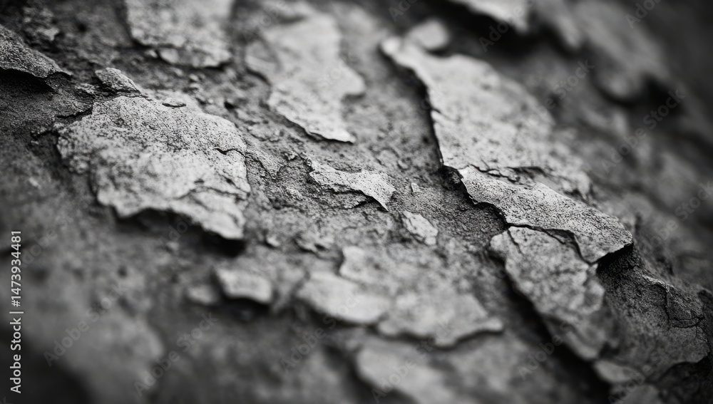 Close-up view of cracked, textured bark. Detailed patterns of weathered, gray and white layers Close-up view of cracked, textured bark. Detailed patterns of weathered, gray and white layers