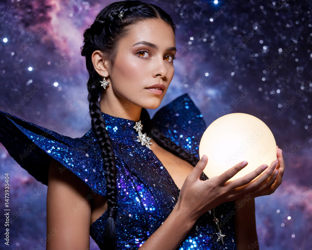 Naklejka premium Woman in celestial dress holding glowing sphere